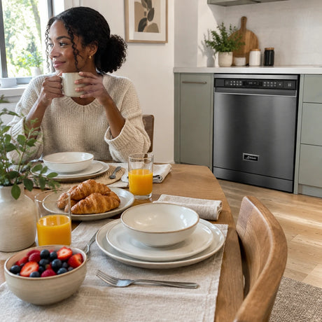 Clean tableware ready for the next meal beside a closed Kaiser black stainless steel dishwasher