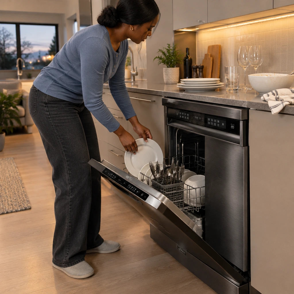 African American adult loading used plates into a Kaiser black stainless steel dishwasher after dinner