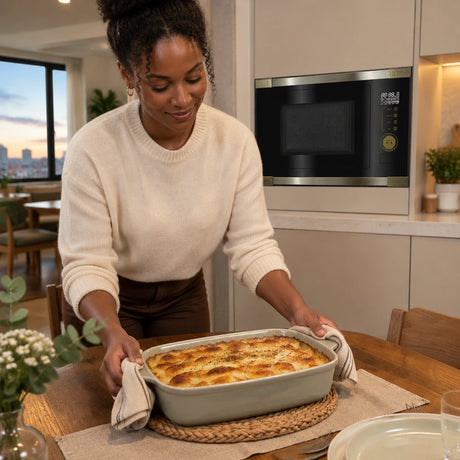 Finished browned vegetable gratin ready to serve with the black Kaiser Art Deco built-in microwave visible in the kitchen.