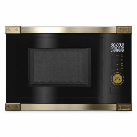 Black Kaiser Art Deco built-in microwave oven with light metallic trim and right-side digital controls on a white background.