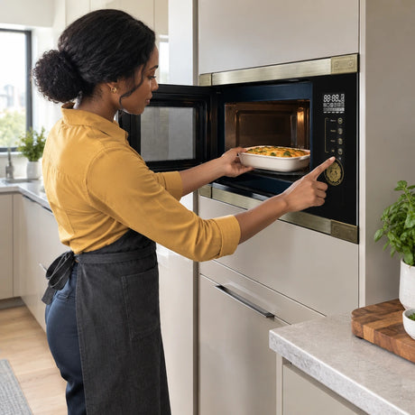 African American home cook placing a prepared vegetable gratin into the open black Kaiser Art Deco built-in microwave for grill or hot-air finishing.