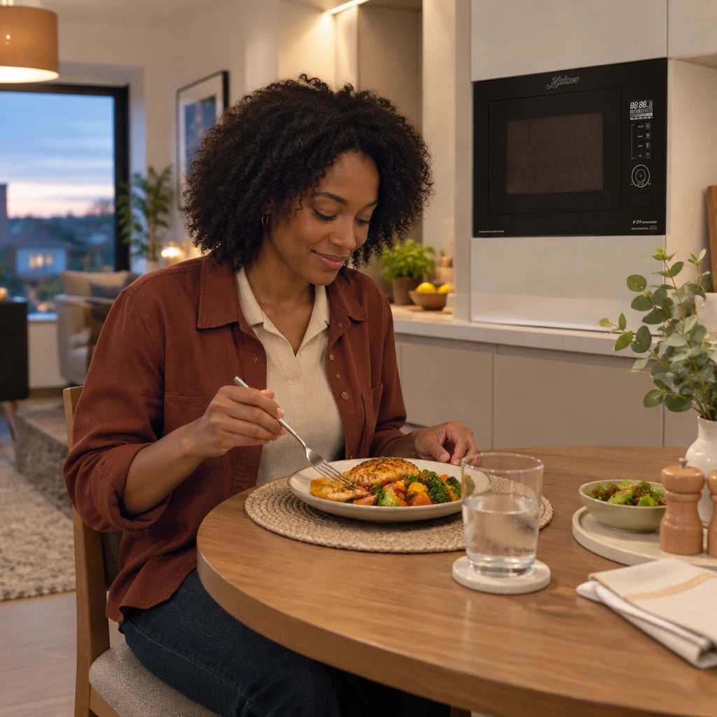 Warm prepared meal served beside a contemporary kitchen with the Kaiser built-in black microwave visible