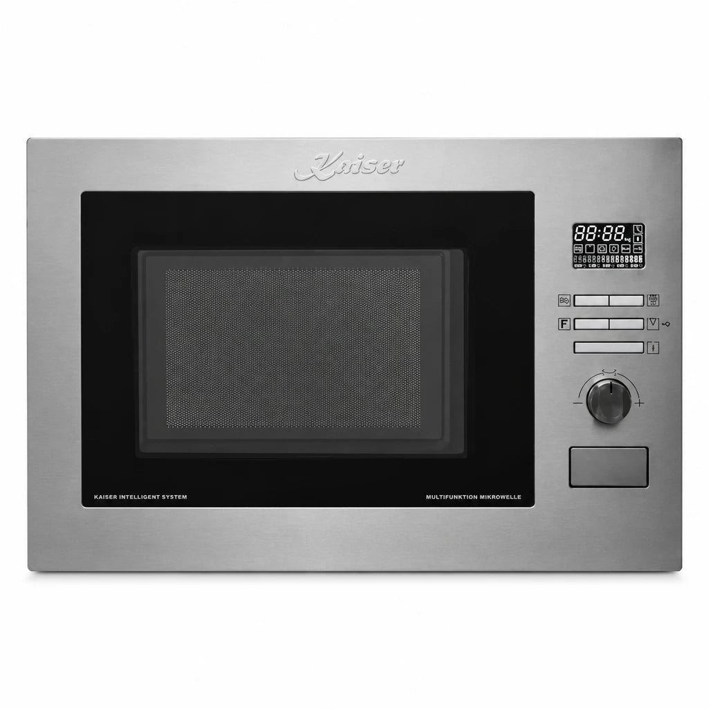 Kaiser Avantgarde Pro EM 2520 built-in stainless steel multifunction microwave oven with black glass door and right-side controls on white background