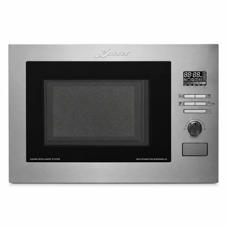 Kaiser Avantgarde Pro EM 2520 built-in stainless steel multifunction microwave oven with black glass door and right-side controls on white background