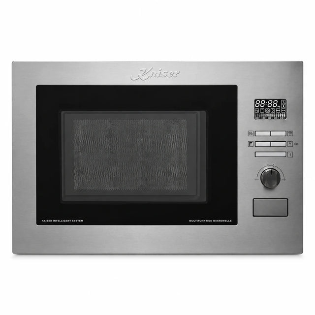 Kaiser Avantgarde Pro EM 2520 built-in stainless steel multifunction microwave oven with black glass door and right-side controls on white background