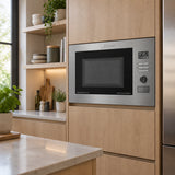 Kaiser EM 2520 stainless built-in microwave oven installed in a refined contemporary pantry kitchen cabinet