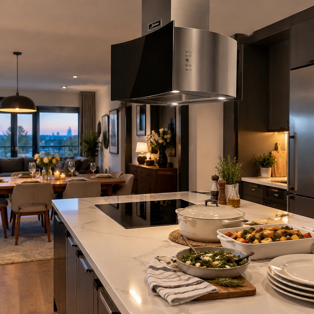 Finished meal on a contemporary kitchen island beneath the Kaiser black cooker hood after cooking.