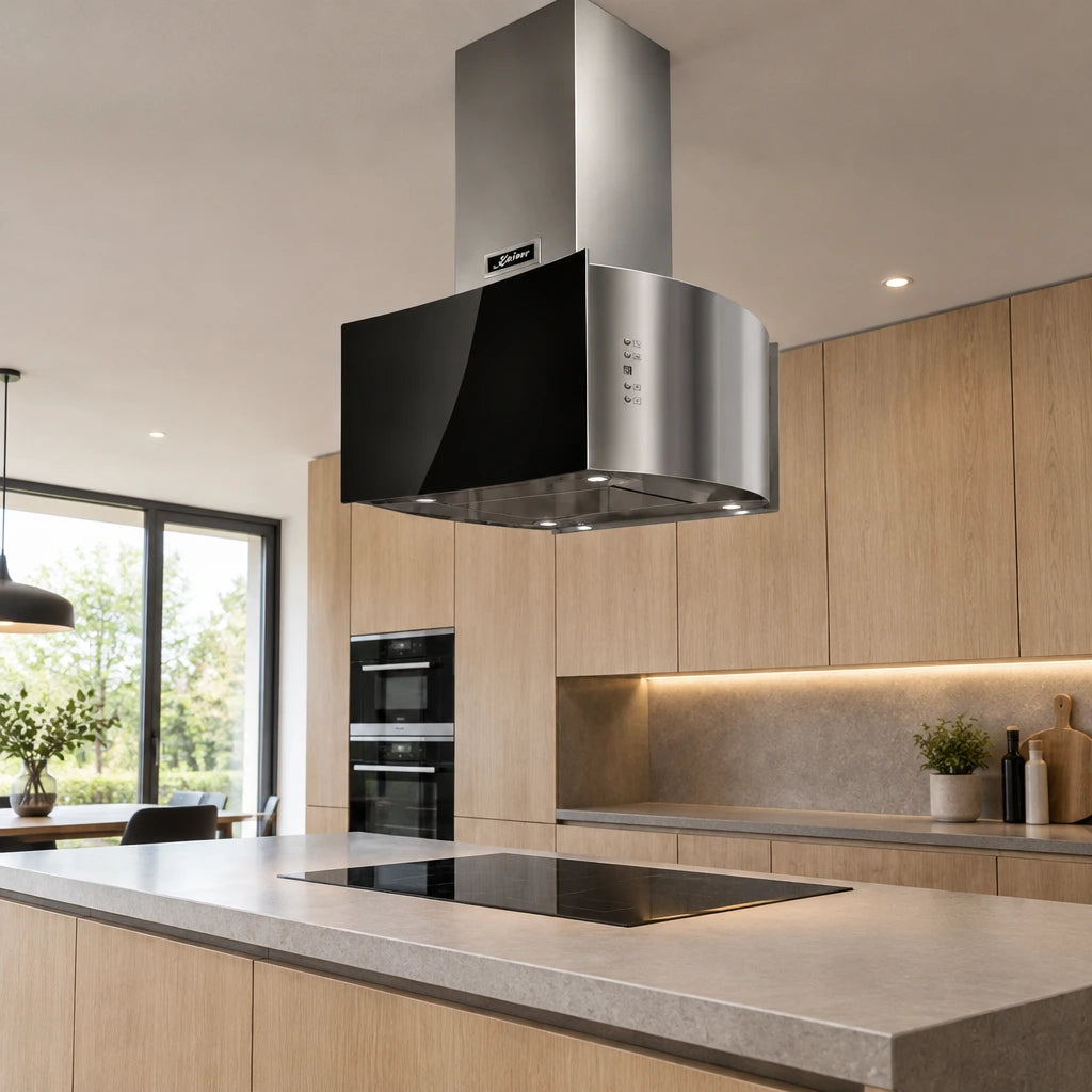 Kaiser black glass island cooker hood installed above a contemporary kitchen island before cooking.