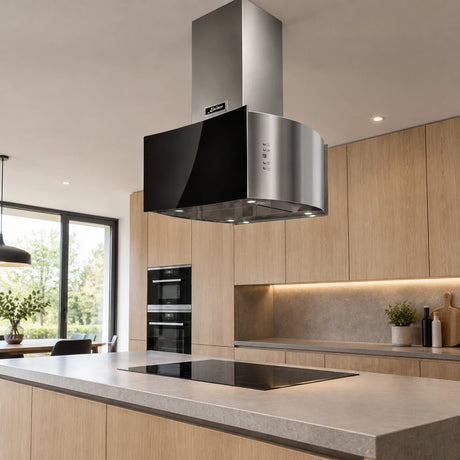 Kaiser black glass island cooker hood installed above a contemporary kitchen island before cooking.