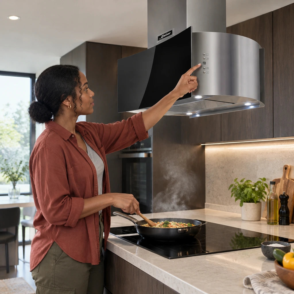 African American home cook adjusts the Kaiser black island hood while preparing a shallow-pan meal.