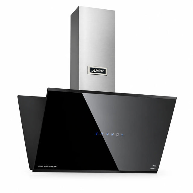 Kaiser Avantgarde Pro AI 9415 Eco 90cm black glass island cooker hood with stainless steel chimney