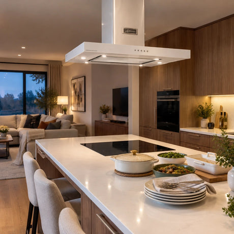 Settled open-plan kitchen with finished dishes beneath a Kaiser white glass island cooker hood