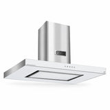 Kaiser Avantgarde Pro 90cm white glass island cooker hood with stainless-steel chimney on a white background