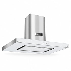 Kaiser Avantgarde Pro 90cm white glass island cooker hood with stainless-steel chimney on a white background