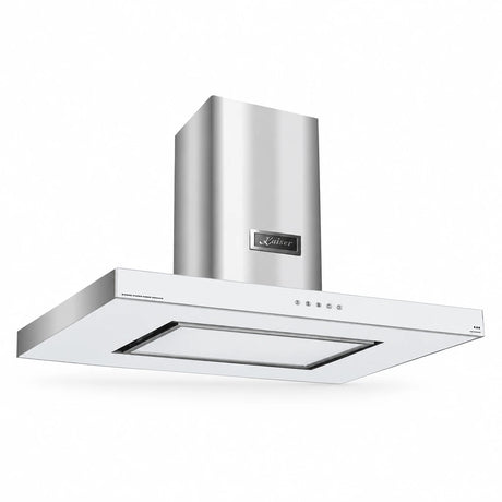 Kaiser Avantgarde Pro 90cm white glass island cooker hood with stainless-steel chimney on a white background