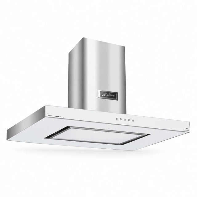 Kaiser Avantgarde Pro 90cm white glass island cooker hood with stainless-steel chimney on a white background