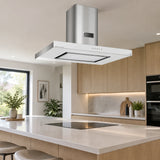 Kaiser white glass island cooker hood installed above a contemporary kitchen island