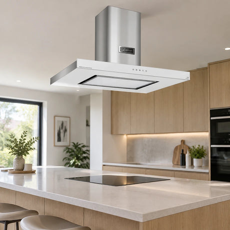 Kaiser white glass island cooker hood installed above a contemporary kitchen island