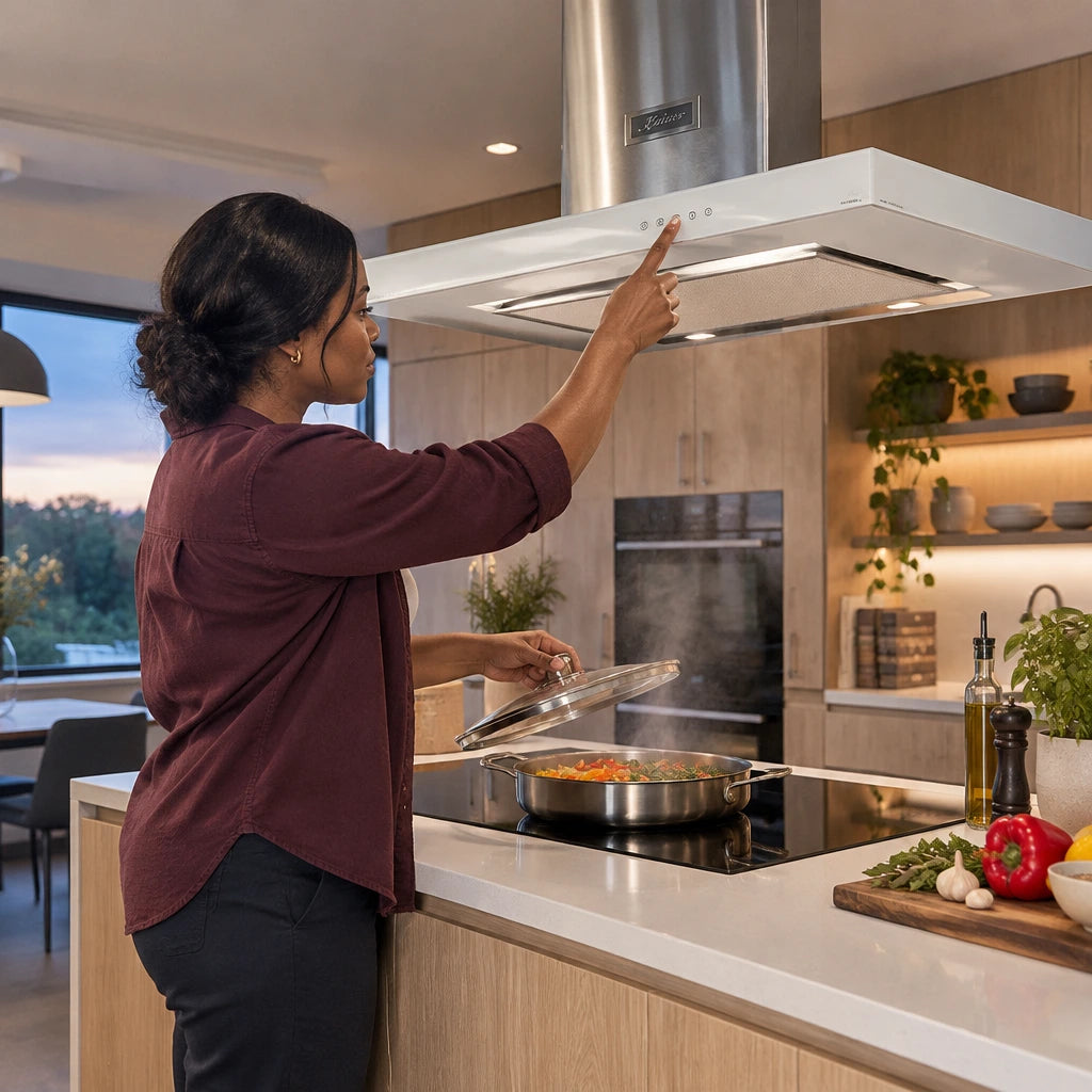 African American home cook adjusting the Kaiser white glass island hood while checking a sauté pan