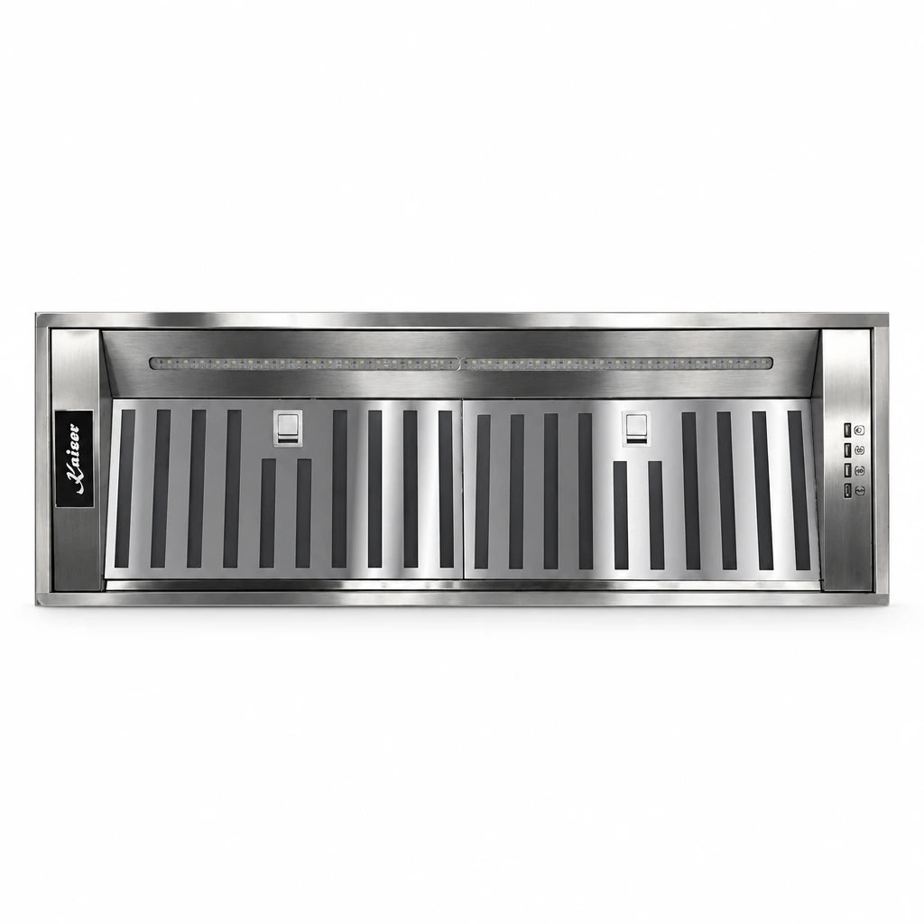 Kaiser EA 945 Eco stainless steel built-in cooker hood shown front-facing on a white background with patterned metal filter and electronic controls.
