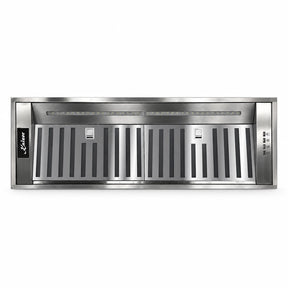 Kaiser EA 945 Eco stainless steel built-in cooker hood shown front-facing on a white background with patterned metal filter and electronic controls.