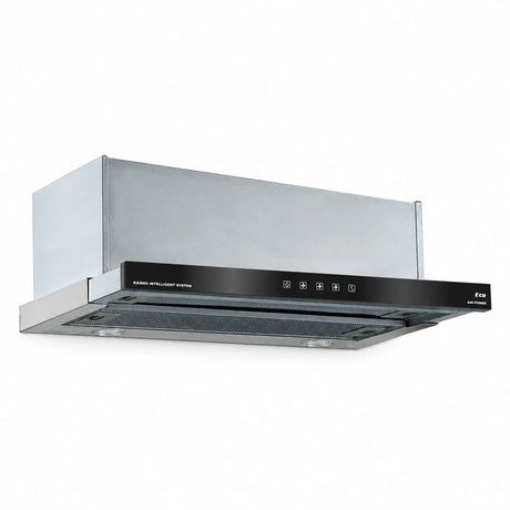 Kaiser Grand Chef EA 644 Eco 60cm built-in cooker hood with black glass front and stainless-steel flat screen on white background.