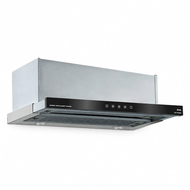 Kaiser Grand Chef EA 644 Eco 60cm built-in cooker hood with black glass front and stainless-steel flat screen on white background.