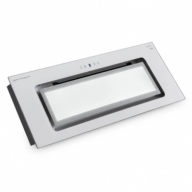 Kaiser Avantgarde Pro 90cm white glass and stainless-steel built-in cooker hood EA 946 W Eco on a white background.
