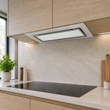 Kaiser EA 946 W Eco white glass cooker hood installed beneath pale kitchen cabinetry above a clean cooktop.