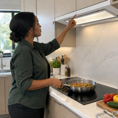 African American home cook using the Kaiser EA 946 W Eco cooker hood while sautéing vegetables in a modern kitchen.