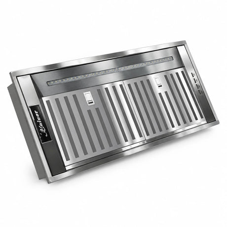 Kaiser EA 745 Eco 75cm built-in stainless steel cooker hood isolated on white with slatted metal filter and integrated light.