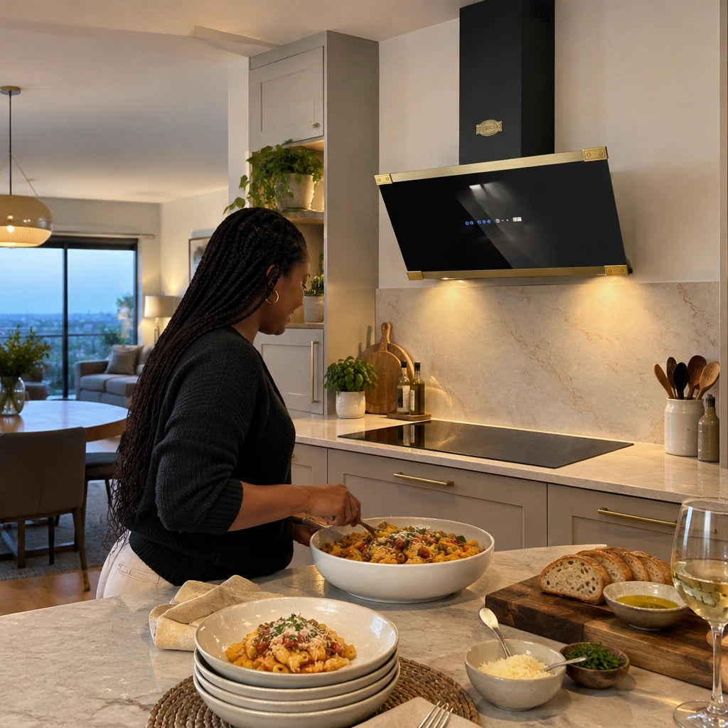 Finished meal in a calm open-plan kitchen with the Kaiser Art Deco Ivory and Black cooker hood visible above the settled cooktop
