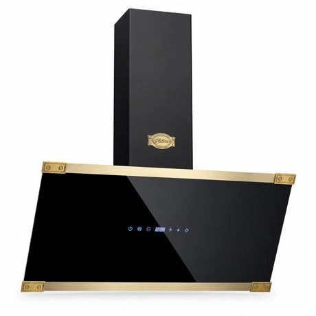 Kaiser Art Deco 90cm Ivory and Black chimney cooker hood with angled glass front and decorative trim on white background