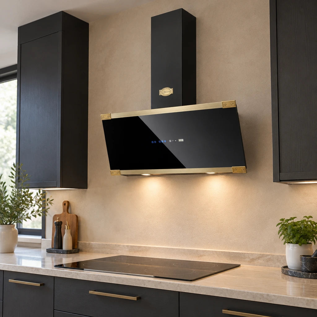 Kaiser Art Deco Ivory and Black 90cm cooker hood installed above an unoccupied cooktop in a contemporary apartment kitchen