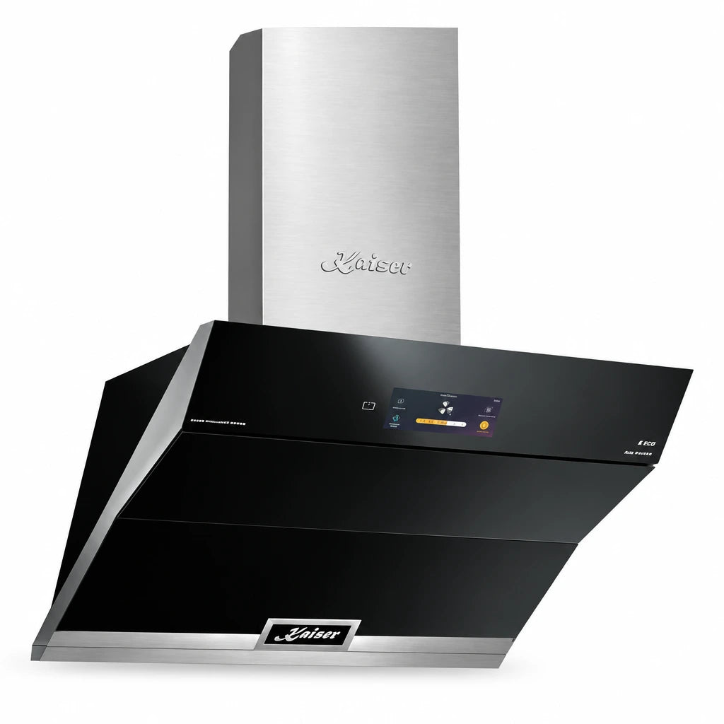 Kaiser La Perle AT 9343 90cm black glass cooker hood with INOX chimney and central TFT display on a white background.