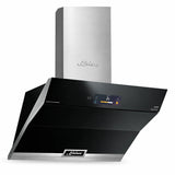 Kaiser La Perle AT 9343 90cm black glass cooker hood with INOX chimney and central TFT display on a white background.