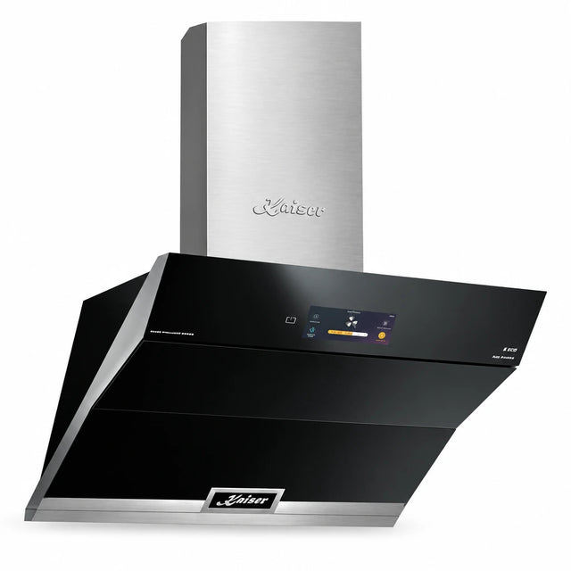 Kaiser La Perle AT 9343 90cm black glass cooker hood with INOX chimney and central TFT display on a white background.