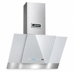 Kaiser Grand Chef AT 6438 FW Eco white 60cm angled cooker hood with bevelled glass and stainless chimney on a white background.