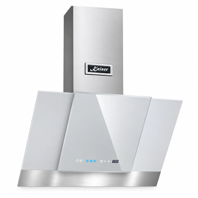 Kaiser Grand Chef AT 6438 FW Eco white 60cm angled cooker hood with bevelled glass and stainless chimney on a white background.