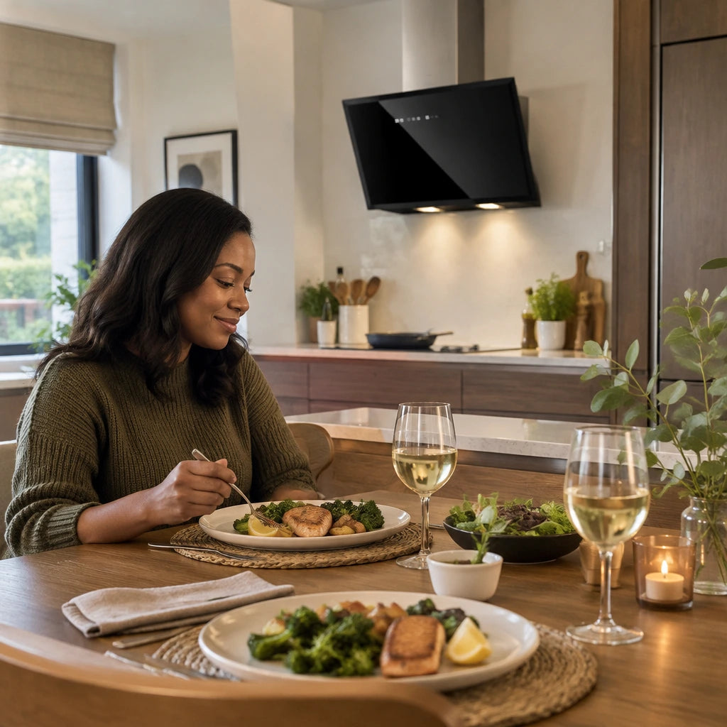 Finished dinner in a calm open-plan kitchen with the Kaiser black glass cooker hood visible above the cleared cooking area.