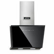 Kaiser AT 6430 F Eco 60cm black glass V-panel cooker hood with stainless-steel chimney on a white background.