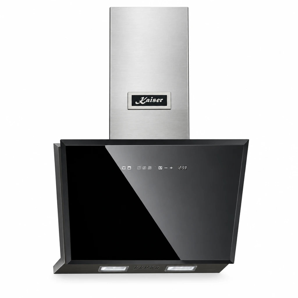 Kaiser AT 6430 F Eco 60cm black glass V-panel cooker hood with stainless-steel chimney on a white background.