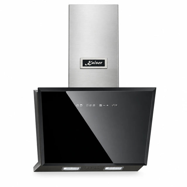 Kaiser AT 6430 F Eco 60cm black glass V-panel cooker hood with stainless-steel chimney on a white background.