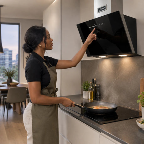 African American home cook adjusts the Kaiser black glass cooker hood while pan-searing dinner in a contemporary kitchen.