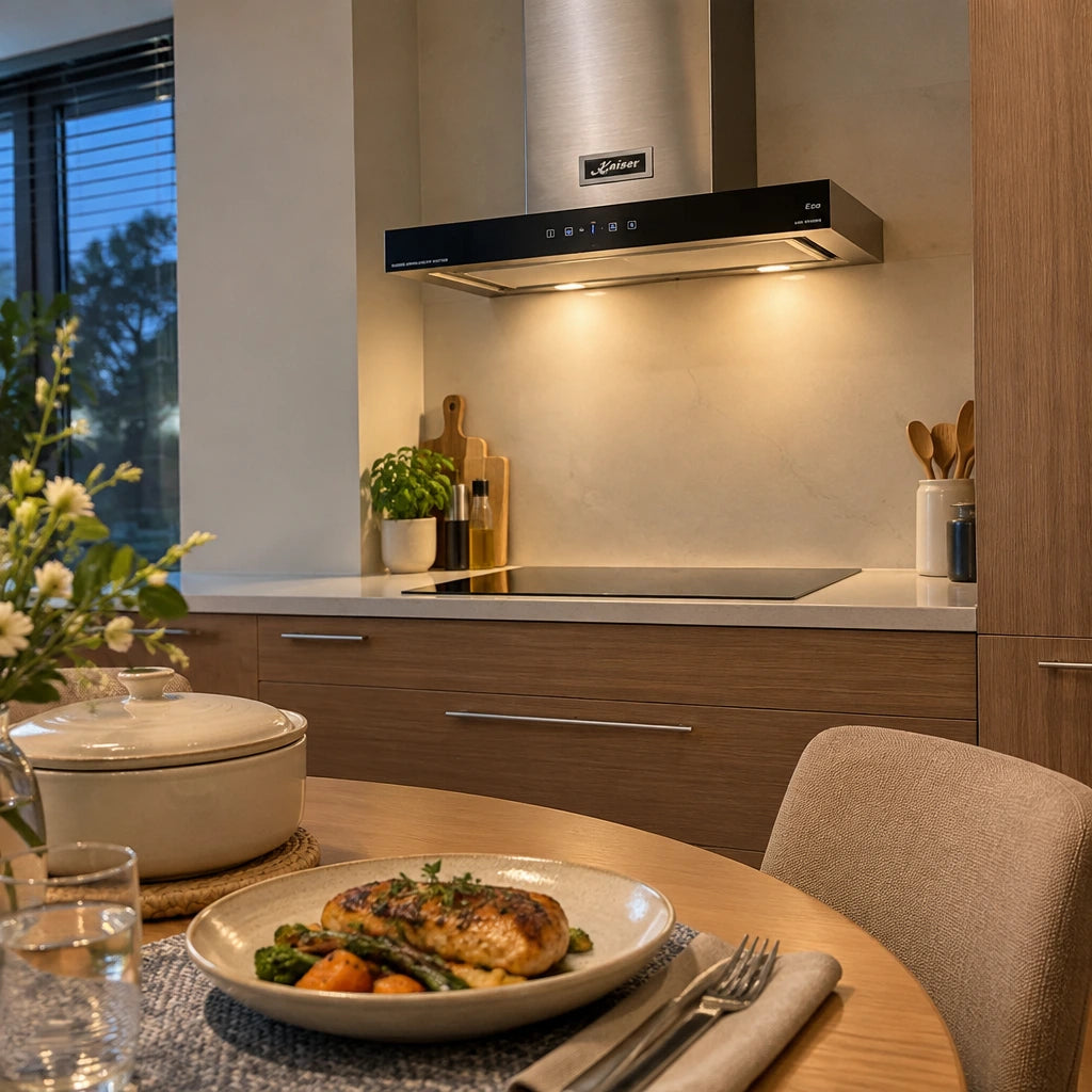 Settled contemporary kitchen with ready meal and Kaiser AT 6433 Eco chimney hood visible after cooking