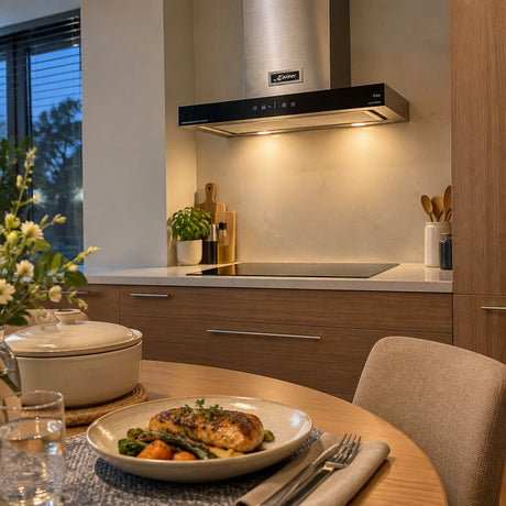 Settled contemporary kitchen with ready meal and Kaiser AT 6433 Eco chimney hood visible after cooking