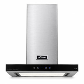 Kaiser Avantgarde Pro 60cm AT 6433 Eco stainless chimney cooker hood with black glass canopy and touch controls on white background