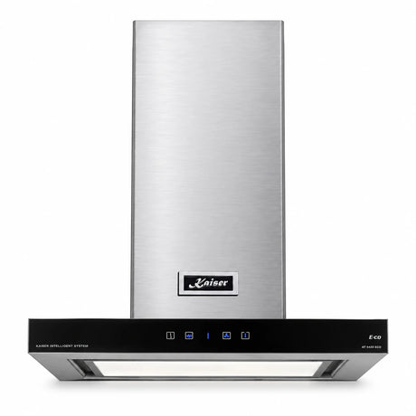 Kaiser Avantgarde Pro 60cm AT 6433 Eco stainless chimney cooker hood with black glass canopy and touch controls on white background