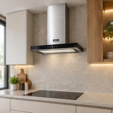 Kaiser AT 6433 Eco stainless chimney hood installed above a clean cooktop in a contemporary apartment kitchen