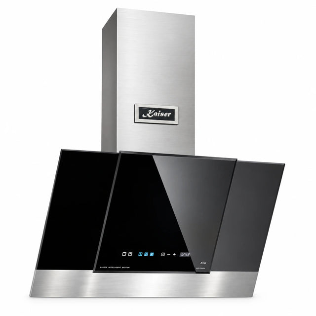 Kaiser Grand Chef AT 6438 F Eco 60cm angled cooker hood with black bevelled glass and stainless-steel finish on white